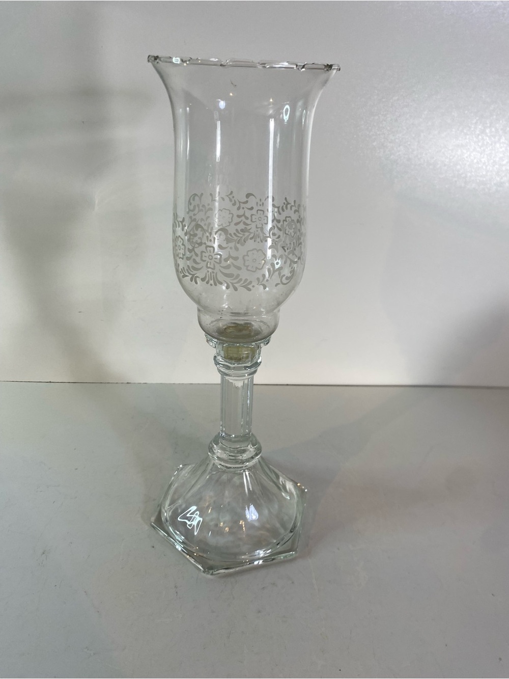 Vintage 2 Piece Clear Glass Etched Floral Votive Cup Candle Holder 12” Height